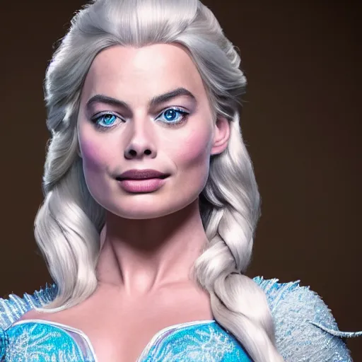 Image similar to Margot Robbie as Elsa in disney frozen live action, 8k full HD photo, cinematic lighting, anatomically correct, oscar award winning, action filled, correct eye placement,