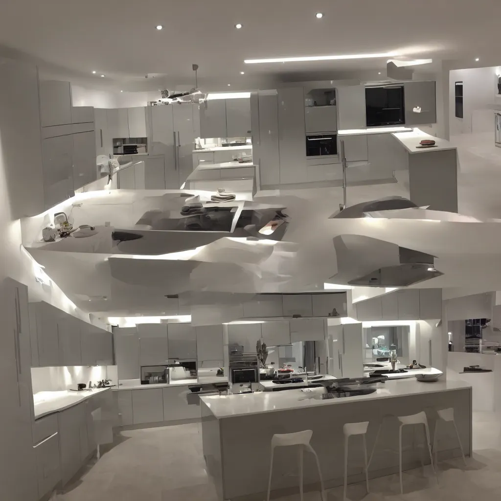 Image similar to modern kitchen with led strip lighting, homes and gardens, super detailed render, award winning,