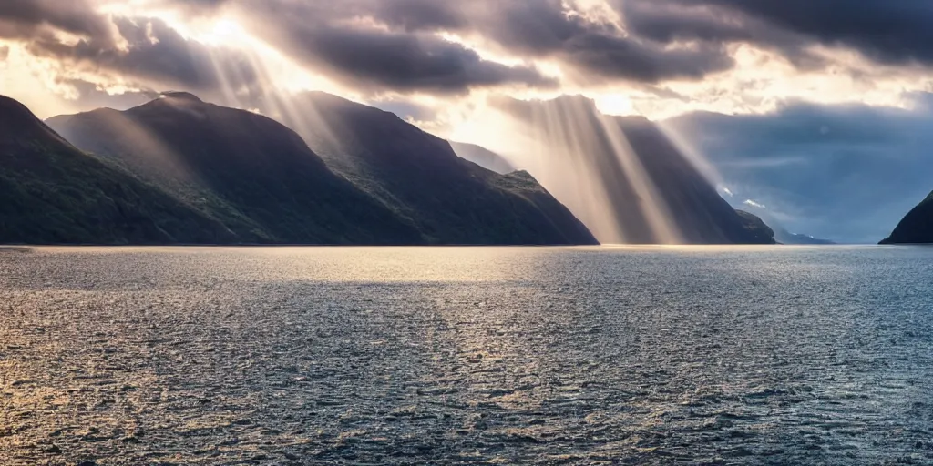 Image similar to a beautiful view of the fjords by the sea. atmosphere, god rays, golden hour, cinematic