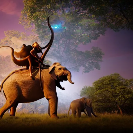 Image similar to a hyperrealistic photograph 3D octane render of a large cat riding on an elephant in central park new york, trending on artstation, 4K, dramatic lighting, glowing, volumetric lighting, ray tracing, unreal engine