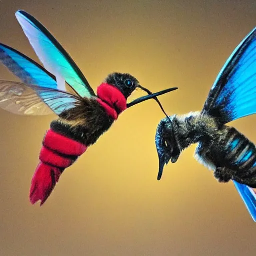 Prompt: a photo of sir lift aloft the valiant hummingbird being knighted by the queen bee