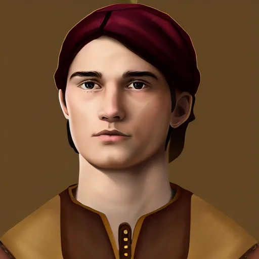 Image similar to video game medieval town villager portrait. Male, 20 years old.