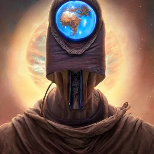 Image similar to masked nomad male wearing a cloak on an alien world and holding a holographic planet projection in his hand, detailed, sci - fi, digital painting, artstation, sharp focus, illustration, ominous, artgerm, tomasz alen kopera, peter mohrbacher, donato giancola, joseph christian leyendecker, wlop, frank frazetta