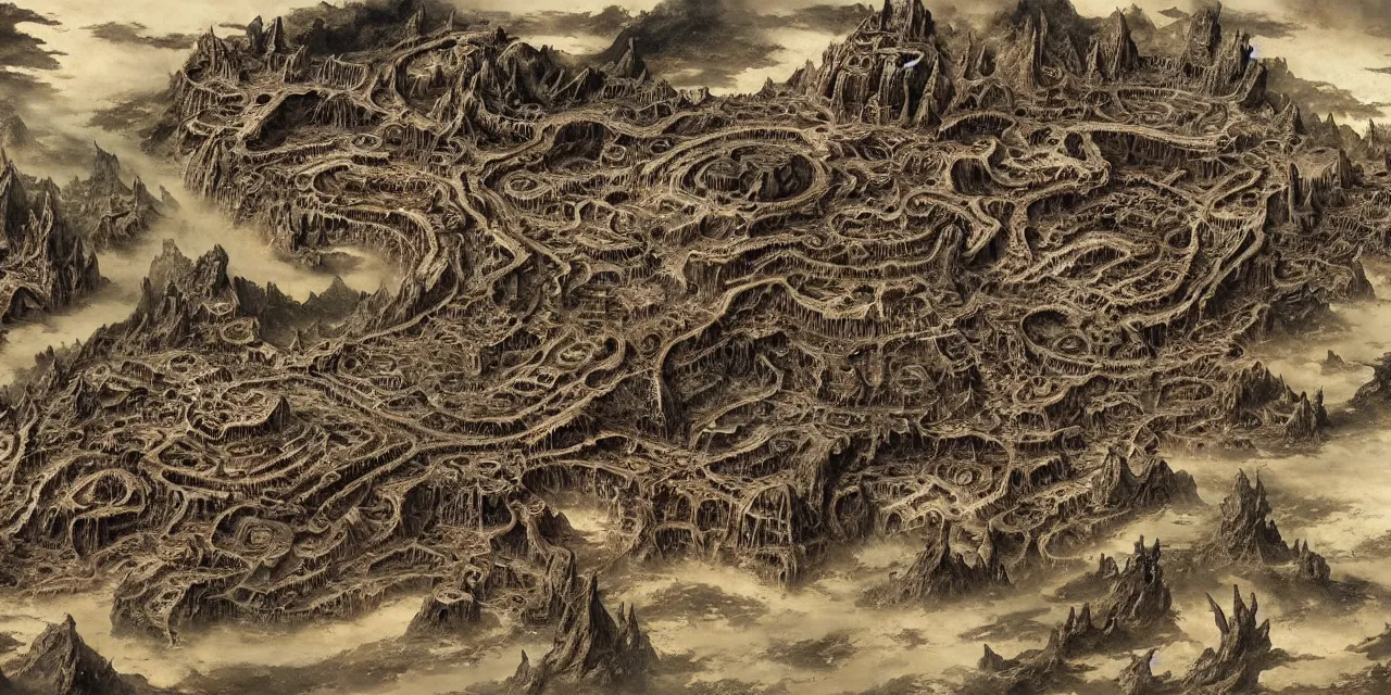 Prompt: intricate detailed ancient map of the regions of hell and the dimensions of the damned, inferno flames demons daemons purgatory limbo, technical cartography with annotations and notes in the margins, by andreas rocha and peter mohrbacher