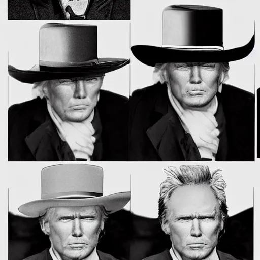 Image similar to an 1 8 0 0 s photo of donald trump playing the role of clint eastwood, squinting at high noon, in the style of a clint eastwood movie, the good, the bad and the ugly, clint eastwood, vibe, donald trump, glory days, mount rushmore, justice, american flag, independence, patriotism, apple pie, black and white, artgerm