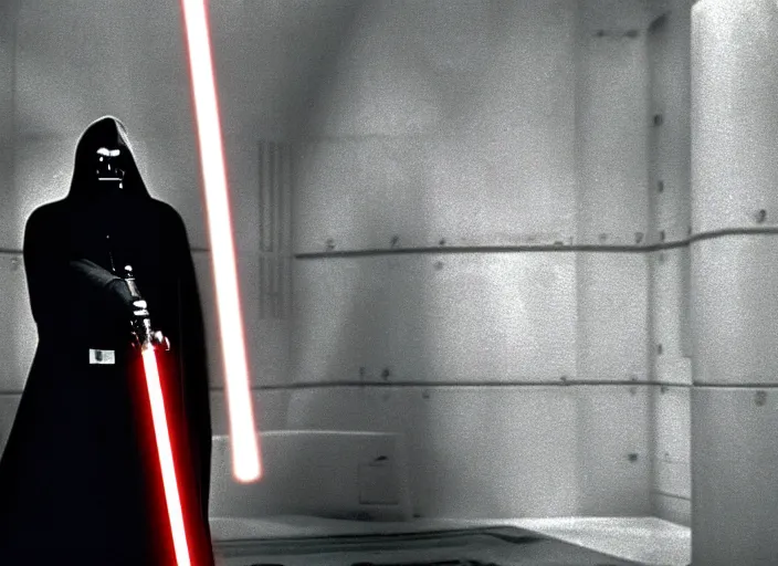 Image similar to Still of Clint Eastwood as Obiwan kenobi with his light saber in the death star corridors in Star Wars (1977)