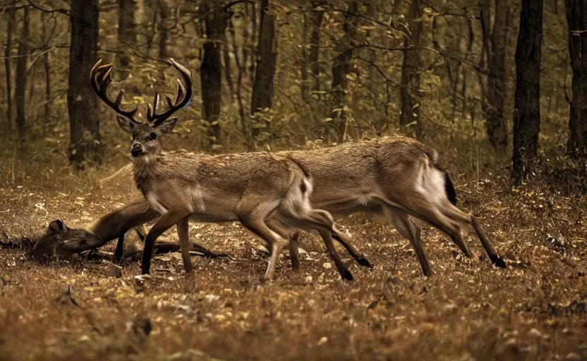 Prompt: A deer eating a dead wolf in the forest. Night time, dramatic, cinematic shot