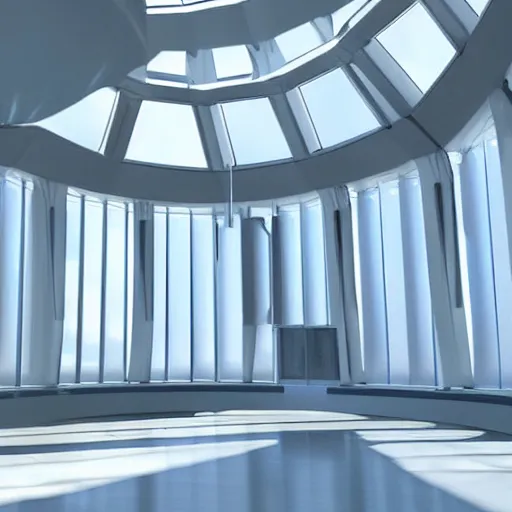 Prompt: Minimalist 3D Rendering of a Futuristic hall with tall windows overlooking a scifi city and mountains with a big planet in the sky, photorealistic, white and blue, interior design, raytraced, spacestation