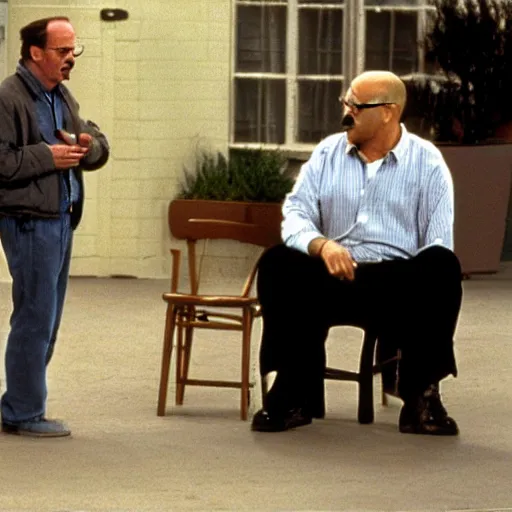 Image similar to Walter White talking to Jerry on the set of Seinfeld.