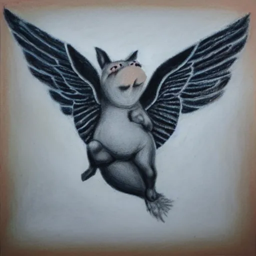 Image similar to chalk pastel drawing of of a flying pig with wings