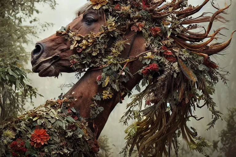 Prompt: a stunning horse made of gnarled wood and plants by sandra chevrier and greg rutkowski, high key lighting, volumetric light, digital art, highly detailed, fine detail, intricate, ornate, complex, octane render, unreal engine, photorealistic