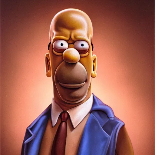 Image similar to An ultra realistic portrait painting of Homer Simpson in the style of Frank Frazetta, 4k, Ultra realistic, Highly Detailed, Dark Fantasy, Epic Lighting