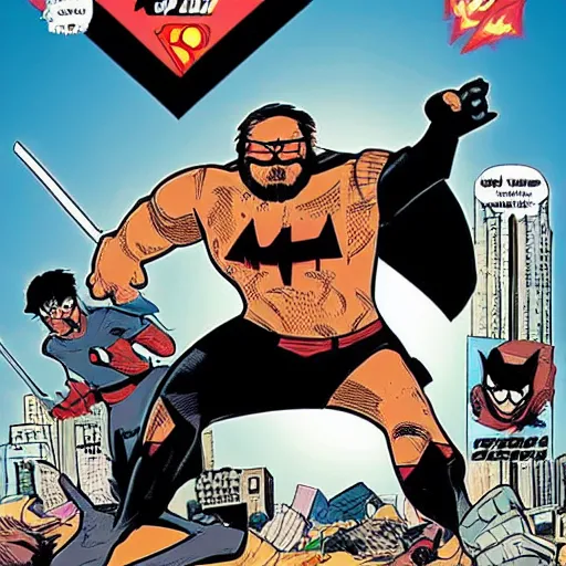 Image similar to A neck beard, reddit moderator, as a comic book hero fighting off evil,, 4k, comic book cover