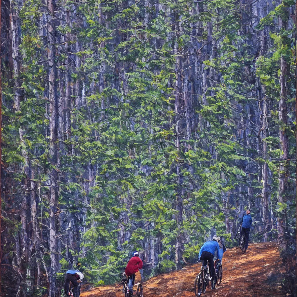 Prompt: Two men biking up a steep forest hill with a deep dark blue sweater and a wine red sweater. sweaty. Oil painting. Emotional. Trending on artstation. Steep. Nordic Trees. Rustic. Artistic.