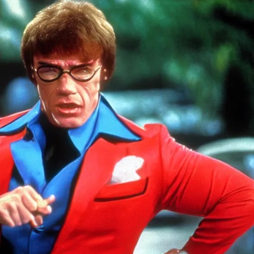 Image similar to arnold schwarzenegger as austin powers, movie still