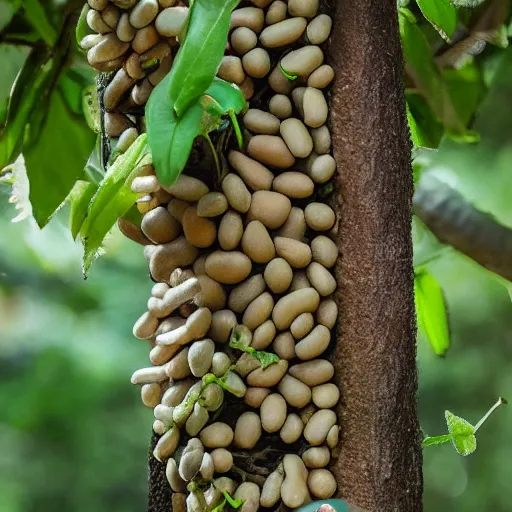 Prompt: bean pod with small human babies inside, growing in a tree, real picture