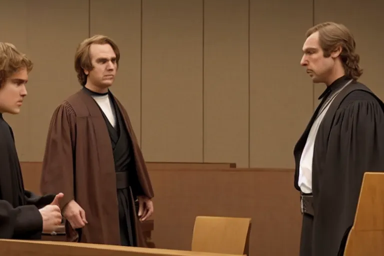 Prompt: anakin skywalker is defended in us court by saul goodman, 1 0 8 0 p, court session images, realistic faces