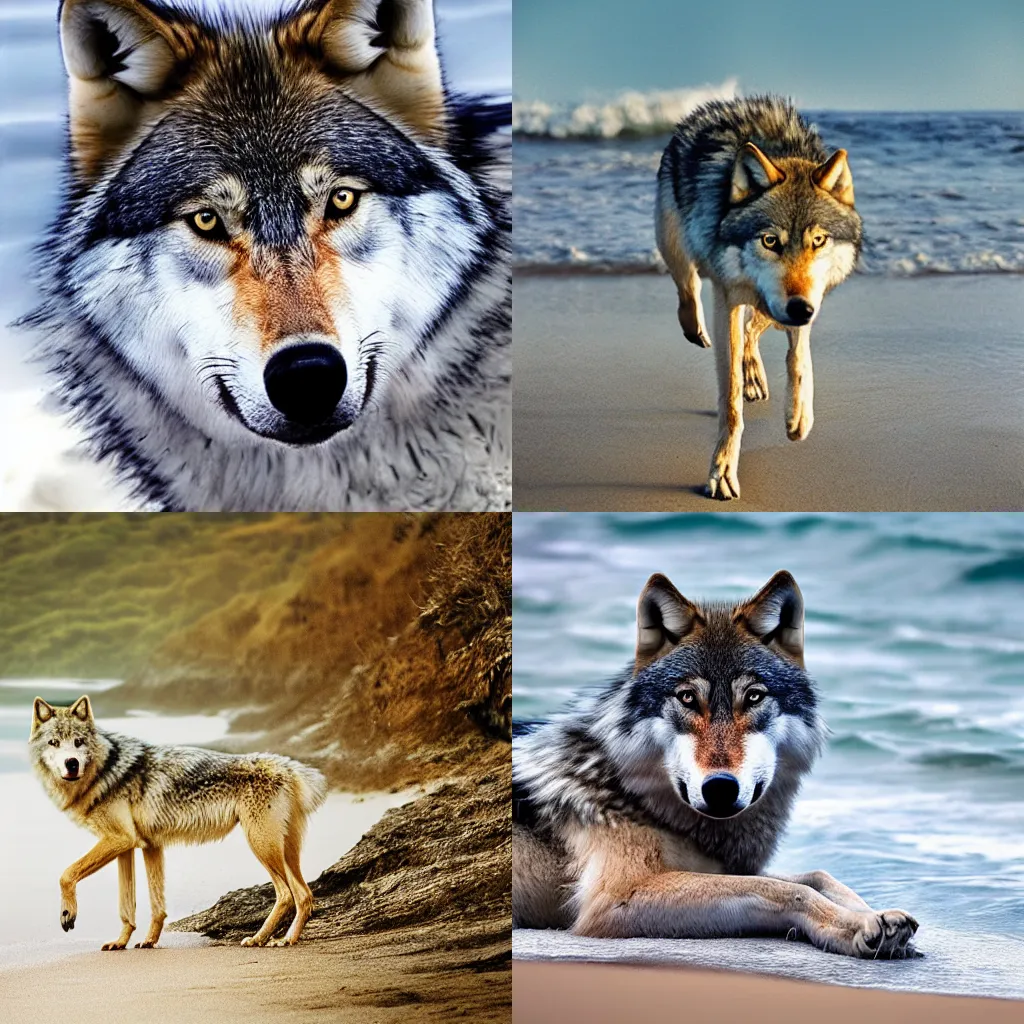 Prompt: wolf on a beach, realistic photography