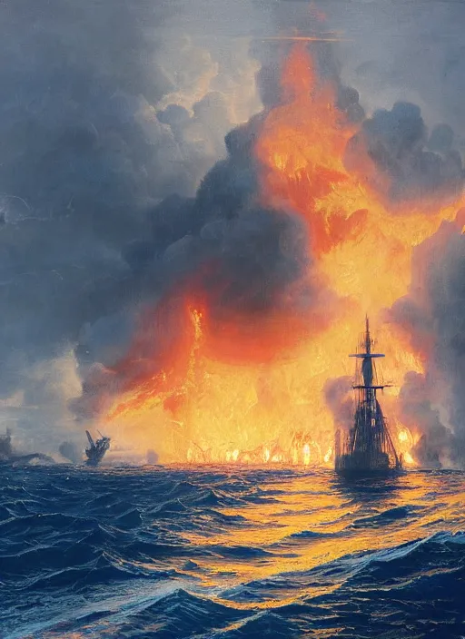 Image similar to painting of a ship burning in heavy flames in the middle of the ocean, a detailed matte painting by vilhelm lundstrøm, cgsociety, neo - romanticism, chillwave, matte drawing, official art