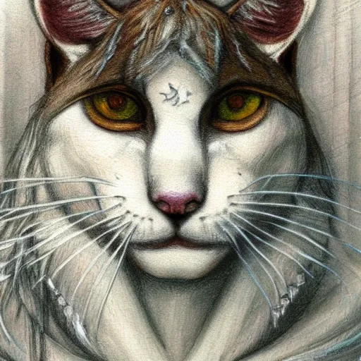 Image similar to sketch of white anthropomorphic lynx cat, portrait by Carlos Shwabe, furry fantasy art, 4k, trending on artstation