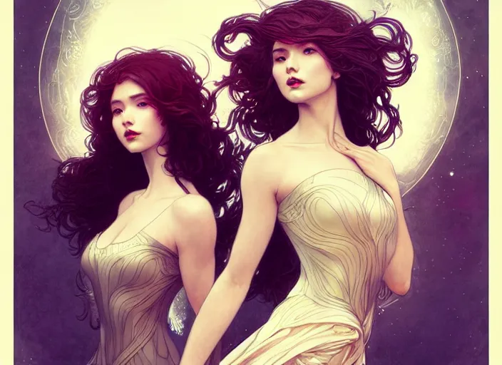 Image similar to portrait of 3 women with flowy hair, wings, confident pose, pixie, genshin impact, intricate, elegant, sharp focus, soft bokeh, illustration, highly detailed, concept art, matte, trending on artstation, bright colors, art by wlop and artgerm and greg rutkowski, mucha, giger, marvel comics