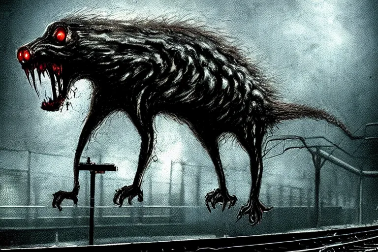 Image similar to very large giant mutant zombie irradiated ( angry rat ) staying on railways in tonnel of moscow subway. tonnel, railways, giant angry rat, furr, fangs, claws, very realistic. fog, extreme long shot, herman nitsch, giger.