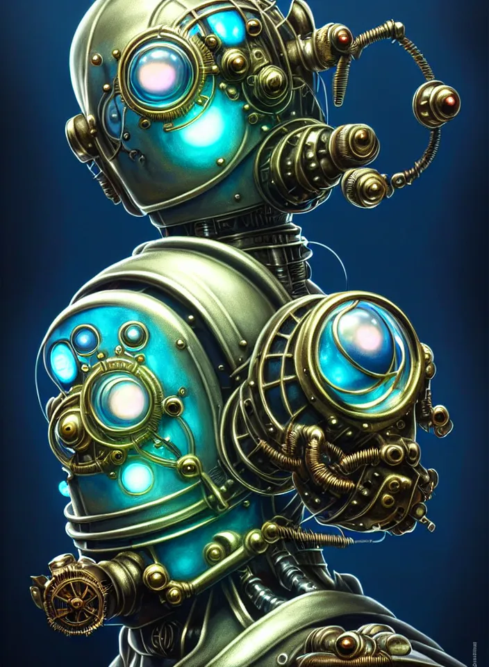 Prompt: symmetry!! close face portrait of a steampunk robot from bioshock, vintage, iridescent metal!! underwater atmosphere, intricate, serene, highly detailed, digital painting, artstation, symmetric concept art, smooth, sharp focus, illustration, art by artgerm and greg rutkowski and alphonse mucha, 8 k