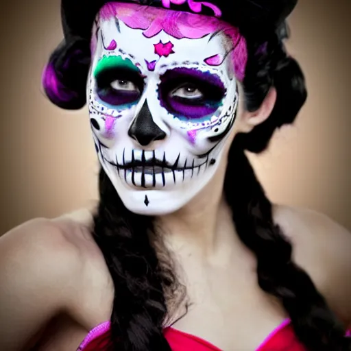 Prompt: roller derby woman dia de muertos makeup, photorealistic, high definition,
