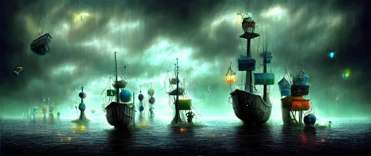 Image similar to cruising ship sailing at miniature megalopolis future, raining night at flooded miniature city, nice huge insane godrays, god helping mystic soul by, gediminas pranckevicius