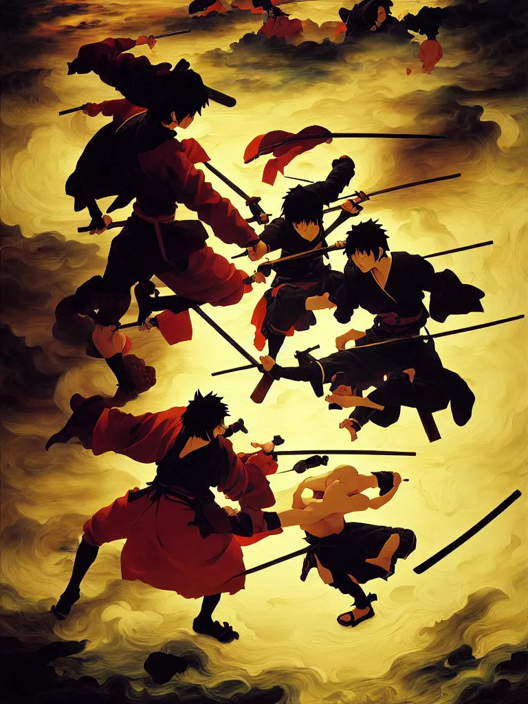 Image similar to baroque oil painting of key visual samurai fight, rule of thirds golden ratio, fake detail, trending pixiv fanbox, acrylic palette knife, style of makoto shinkai ghibli takashi takeuchi yoshiyuki sadamoto jamie wyeth james gilleard greg rutkowski chiho aoshima