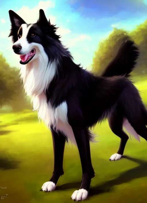 Image similar to wide angle beautiful full body portrait of a cute anthro male border collie fursona with two legs posing in front of a park, character design by charlie bowater, henry asencio, and ross tran, furry art, furaffinity, scenic background, beautiful, glamor pose, detailed, aesthetic, trending on artstation