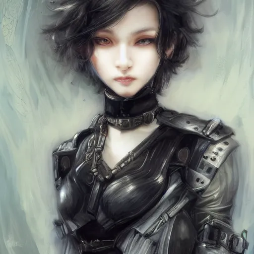 Image similar to portrait of a girl by ayami kojima, mixture between russian and japanese, she is about 2 0 years old, black bob hair, very tall and slender, she is wearing a steampunk tactical gear, highly detailed portrait, digital painting, artstation, concept art, smooth, sharp foccus ilustration, artstation hq