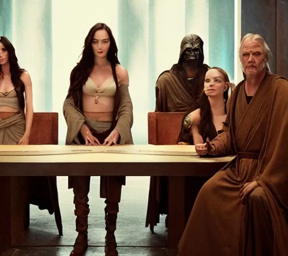 Image similar to Still of Megan Fox on the Jedi Council, Star Wars Unirverse, Cinematic Lighting, beautiful composition, 8K resolution