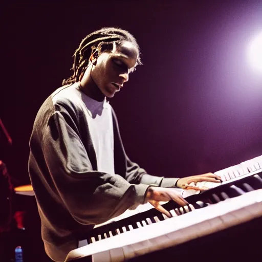 Image similar to Asap Rocky playing piano on stage during concert, highly realistic, photography, 50mm