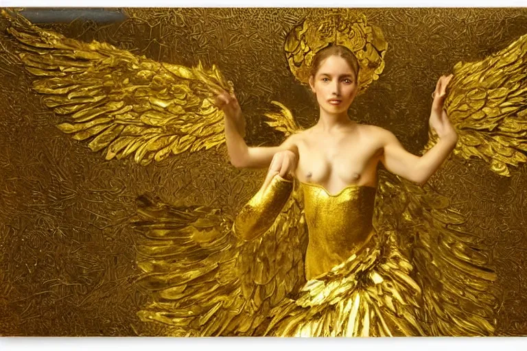 Prompt: a surreal angel with gilded wings and gold accents by Stephan Duquesnoy,