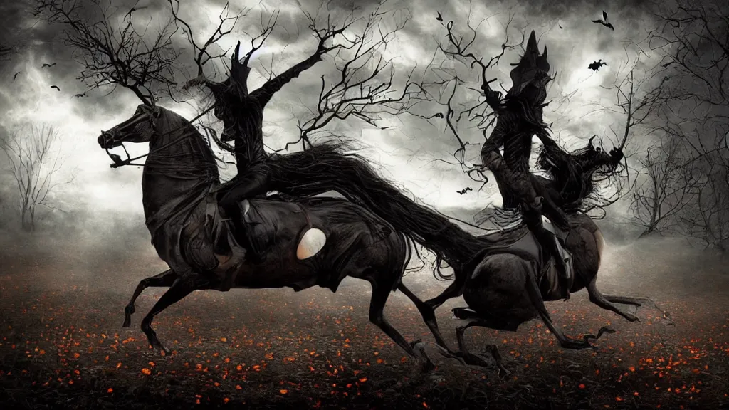 Image similar to halloween headless horseman theme surrealist art in the styles of igor morski, jim warren, and a tim burton film, intricate, hyperrealistic, volumetric lighting