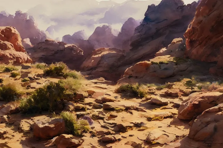 Image similar to watercolor painting of rocky desert landscape closeup, ambient lighting, art by hans gude, art by hans dahl, by jesper ejsing, art by anders zorn, wonderful masterpiece by greg rutkowski, cinematic light, american romanticism by greg manchess, creation by tyler edlin