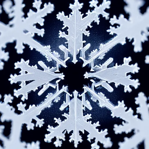 Prompt: close-up of an intricate snowflake against a navy backdrop