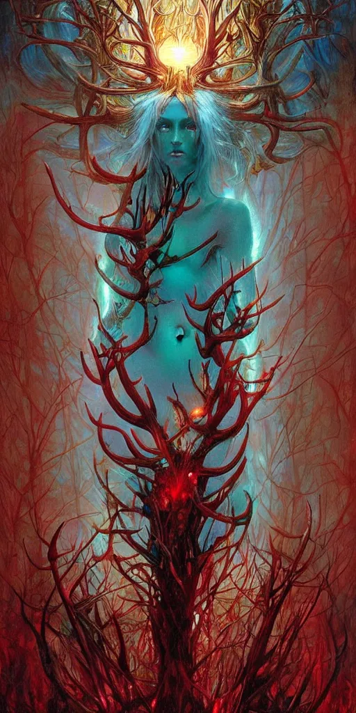 Image similar to intense glowing pagan god with antlers and veins and intense glowing eyes in very dark forest by karol bak and beksinski and alphonse mucha, portrait, fantasy, clear, light beams, lens flare, intense, uhd, red and teal and yellow, amazing depth, cinematic lighting