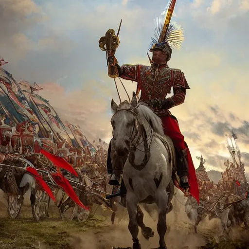 Image similar to an extremely detailed matte painting the polish winged hussars charging ottoman artillery, heroic charge, epic fantasy, viewed in profile from very far away, sharp focus, detailed face, art by greg rutkowski and alphonse mucha in an anime style, volumetric lighting, 4 k resolution, artstation