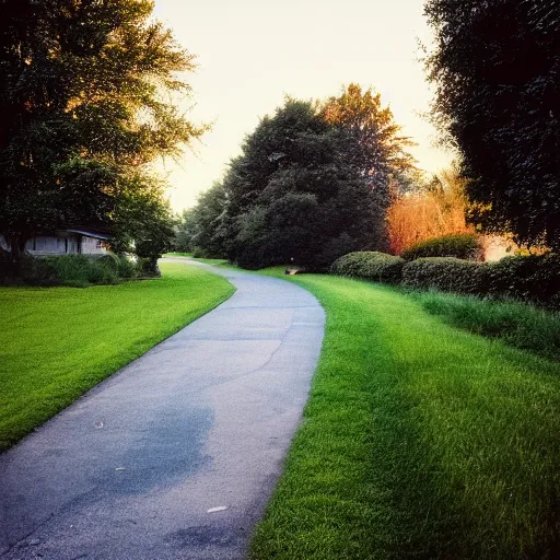 Image similar to Beautiful cameraphone, soft liminal Photograph of a residential road at early morning, lawn, bushes