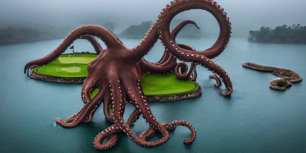 Image similar to a great photograph of the most amazing golf hole in the world, surrounded by water, giant octopus, ambient light, golf digest, top 1 0 0, fog