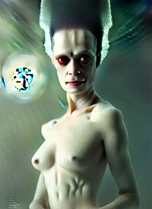 Image similar to smooth healthy skin, glowing complexion, high key lighting, portrait of a beautiful gentle futuristic bride of frankenstein, kintsugi, modern fine art, fractal, intricate, elegant, highly detailed, digital photography, subsurface scattering, by jheronimus bosch and greg rutkowski