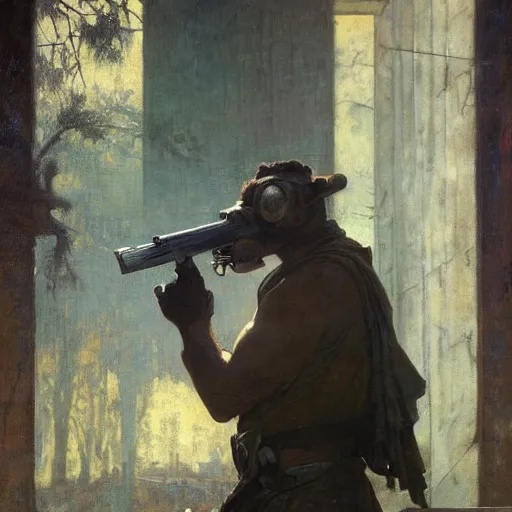 Image similar to half portrait of squirell with a gun! jeremy mann, jean leon gerome, alphonse mucha, greg rutkowski, hood covers his eyes, ( ( ruins of ancient rome ) ), at dusk, mysterious atmosphere, sunrays, dof, masterpiece, high detailed, 8 k