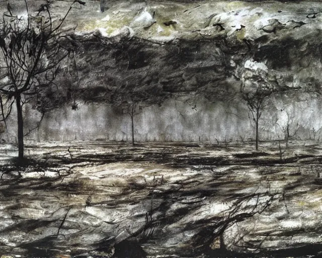 Image similar to A haunted landscape. Anselm Kiefer.