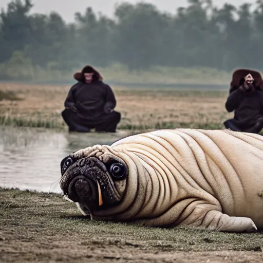 Image similar to a Walrus-Pug Hybrid, A Walrus that looks like a pug, huge tusks, afternoon hangout, good times photograph, candid