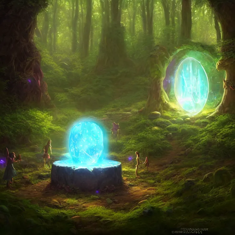 Prompt: Fantasy Magical fairy-tale glowing stone portal in the forest. Round stone portal teleport in trees to other worlds. Fantastic landscape. Magic Altar in the fores, highly detailed, digital painting, artstation, concept art, smooth, sharp focus, illustration, art by greg rutkowski