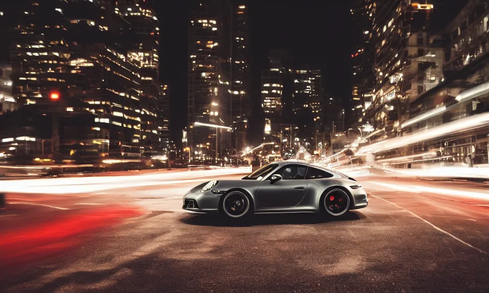 Image similar to photo of a porsche 911 at night driving fast through a city, cinematic, 4k, long exposure photography