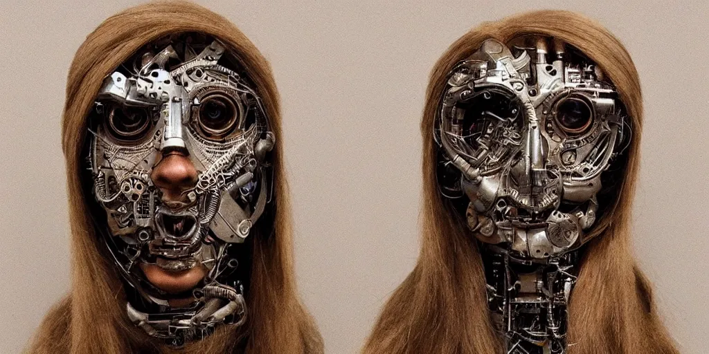 Prompt: a beautiful cyborg made of ceremonial da vinci maske