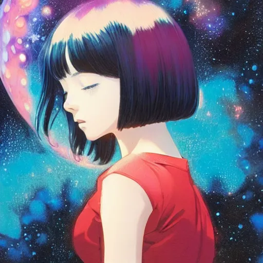 Image similar to A cosmic girl with big and cute eyes, holding the earth || VERY ANIME, fine-face, realistic shaded perfect face, fine details. Anime. realistic shaded lighting poster by Ilya Kuvshinov katsuhiro otomo ghost-in-the-shell, magali villeneuve, artgerm, Jeremy Lipkin and Michael Garmash, Rob Rey and Kentarõ Miura style, trending on art station